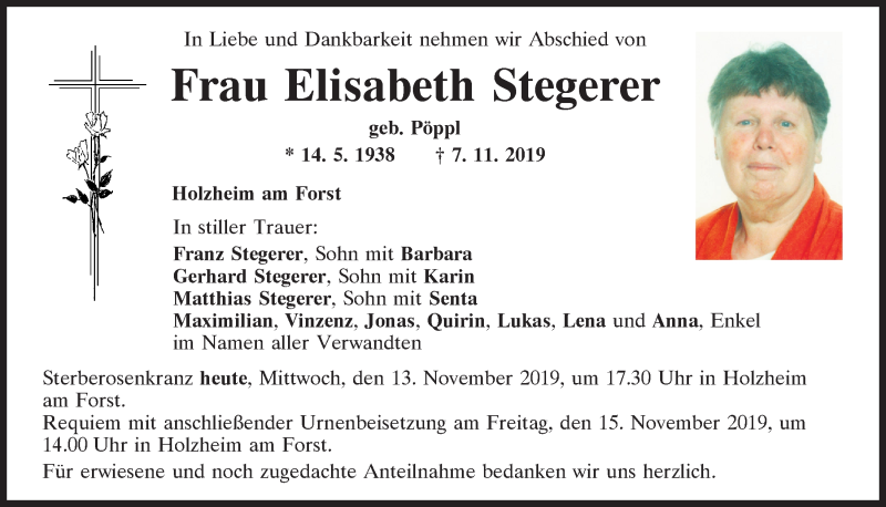 Traueranzeigen von Elisabeth Stegerer | Mittelbayerische Trauer