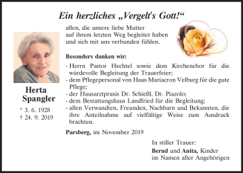 Traueranzeige von Herta Spangler von Neumarkter Tagblatt