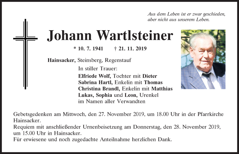  Traueranzeige für Johann Wartlsteiner vom 23.11.2019 aus Mittelbayerische Zeitung Regensburg