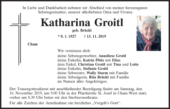 Traueranzeige von Katharina Groitl von Bayerwald Echo