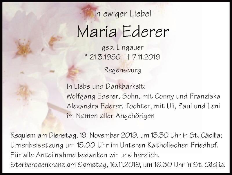  Traueranzeige für Maria Ederer vom 16.11.2019 aus Mittelbayerische Zeitung Regensburg