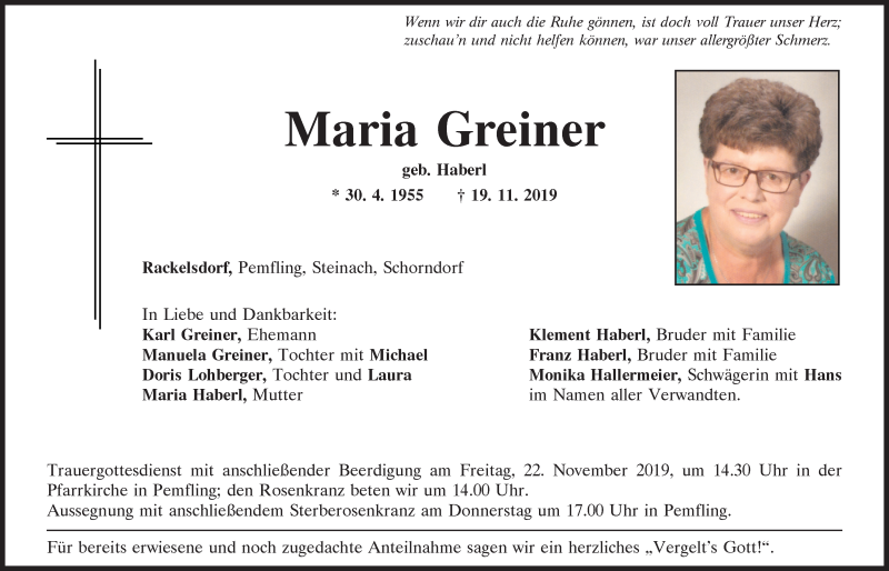Traueranzeigen von Maria Greiner | Mittelbayerische Trauer