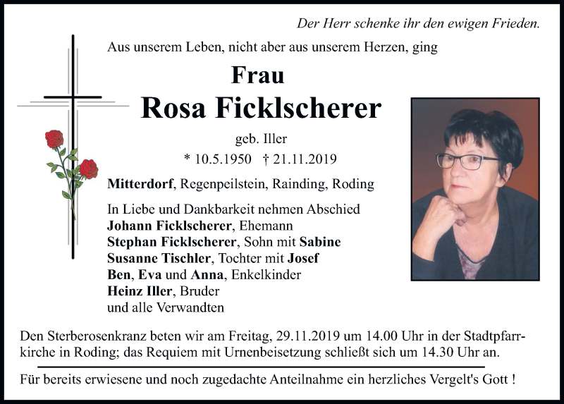  Traueranzeige für Rosa Ficklscherer vom 27.11.2019 aus Bayerwald Echo