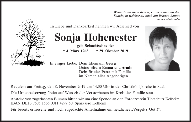  Traueranzeige für Sonja Hohenester vom 05.11.2019 aus Mittelbayerische Zeitung Kelheim