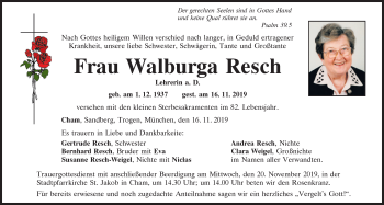 Traueranzeige von Walburga Resch von Bayerwald Echo