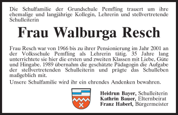 Traueranzeige von Walburga Resch von Bayerwald Echo