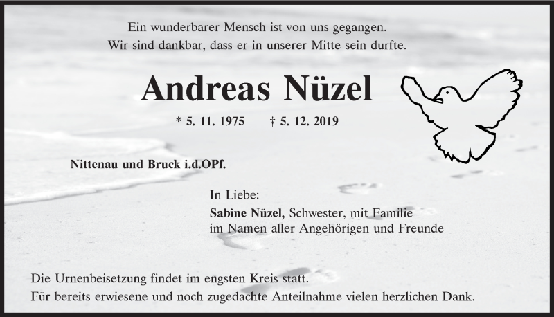  Traueranzeige für Andreas Nüzel vom 06.12.2019 aus Mittelbayerische Zeitung Regensburg