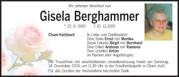 Traueranzeige von Gisela Berghammer von Bayerwald Echo