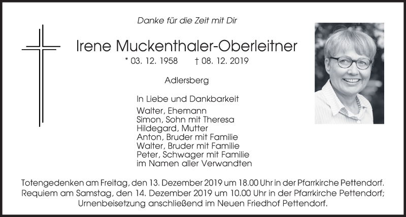  Traueranzeige für Irene Muckenthaler-Oberleitner vom 11.12.2019 aus Mittelbayerische Zeitung Regensburg