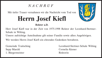 Traueranzeige von Josef Kiefl von Bayerwald Echo