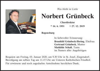 Traueranzeige von Norbert Grünbeck von Mittelbayerische Zeitung Regensburg