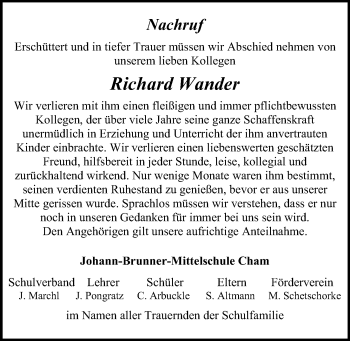 Traueranzeige von Richard Wander von Bayerwald Echo