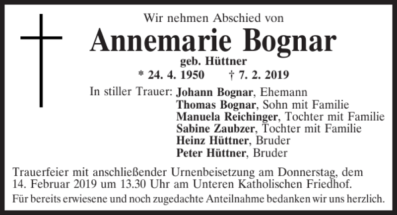  Traueranzeige für Annemarie Bognar vom 13.02.2019 aus Mittelbayerische Zeitung Regensburg