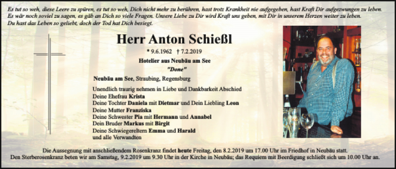  Traueranzeige für Anton Schiessl vom 08.02.2019 aus Bayerwald Echo