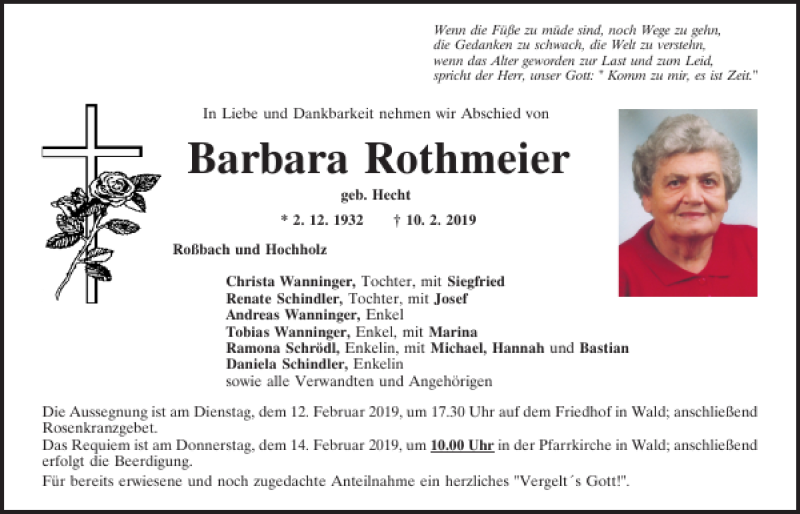  Traueranzeige für Barbara Rothmeier vom 12.02.2019 aus Bayerwald Echo