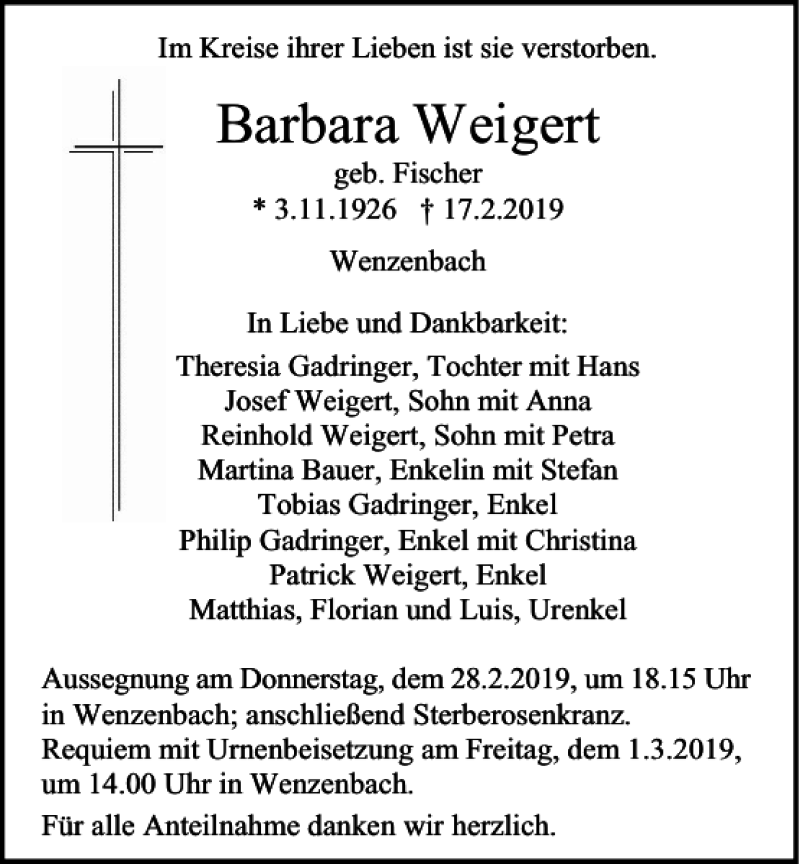  Traueranzeige für Barbara Weigert vom 26.02.2019 aus Mittelbayerische Zeitung Regensburg