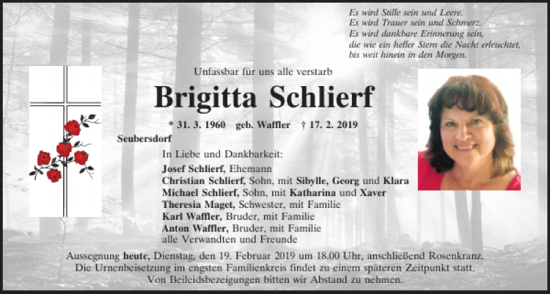  Traueranzeige für Brigitta Schlierf vom 19.02.2019 aus Neumarkter Tagblatt