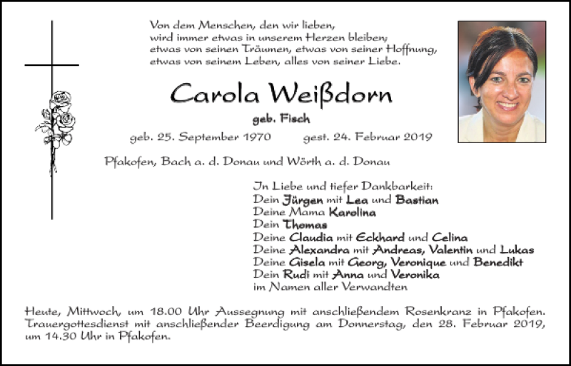  Traueranzeige für Carola Weißdorn vom 27.02.2019 aus Mittelbayerische Zeitung Regensburg