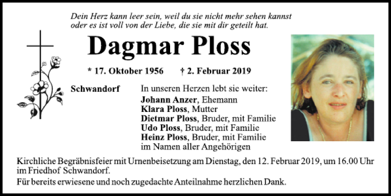  Traueranzeige für Dagmar Ploss vom 07.02.2019 aus Mittelbayerische Zeitung Schwandorf