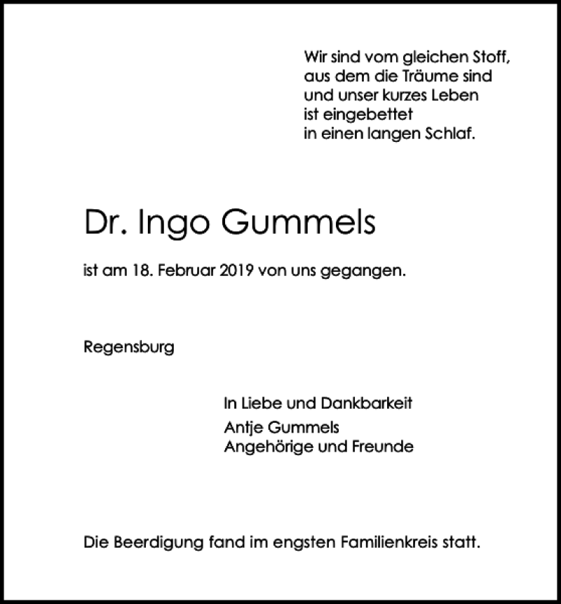  Traueranzeige für Dr. Ingo Gummels vom 27.02.2019 aus Mittelbayerische Zeitung Regensburg