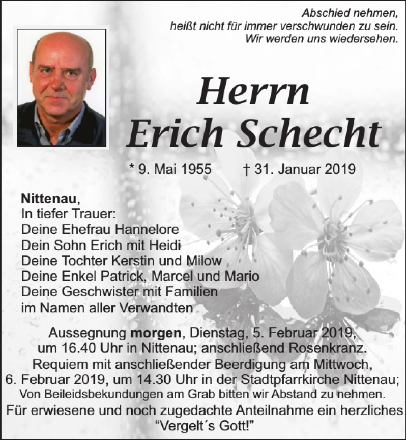  Traueranzeige für Erich Schecht vom 04.02.2019 aus Mittelbayerische Zeitung Schwandorf