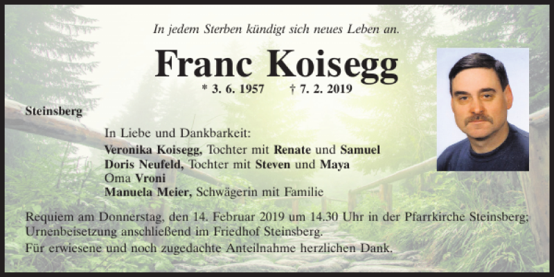  Traueranzeige für Franc Koisegg vom 09.02.2019 aus Mittelbayerische Zeitung Regensburg