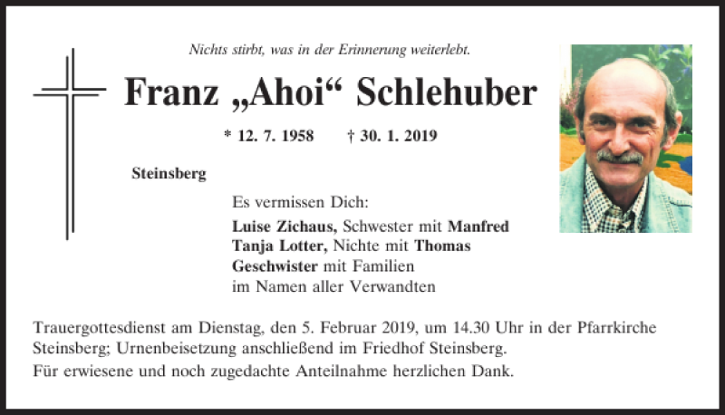  Traueranzeige für Franz Schlehuber vom 02.02.2019 aus Mittelbayerische Zeitung Regensburg