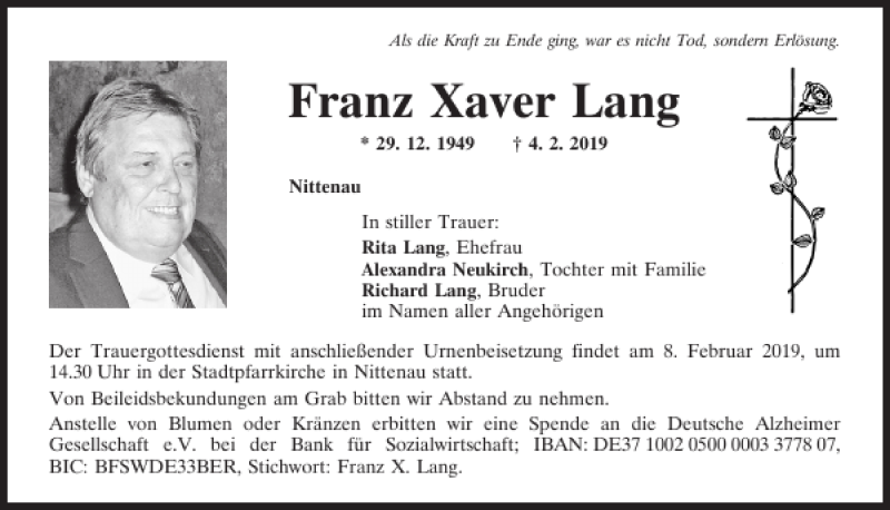  Traueranzeige für Franz Xaver Lang vom 06.02.2019 aus Mittelbayerische Zeitung Schwandorf