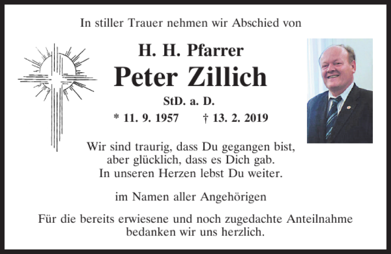  Traueranzeige für H. H. Pfarrer Peter Zillich vom 19.02.2019 aus Mittelbayerische Zeitung Regensburg