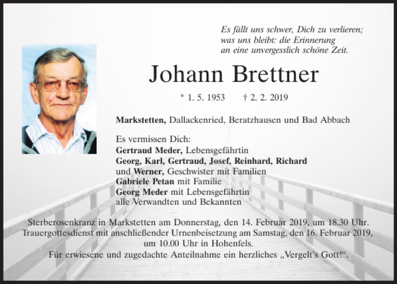  Traueranzeige für Johann Brettner vom 14.02.2019 aus Neumarkter Tagblatt