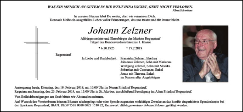  Traueranzeige für Johann Zelzner vom 19.02.2019 aus Mittelbayerische Zeitung Regensburg