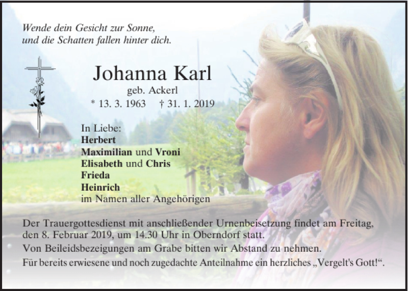  Traueranzeige für Johanna Karl vom 06.02.2019 aus Mittelbayerische Zeitung Regensburg