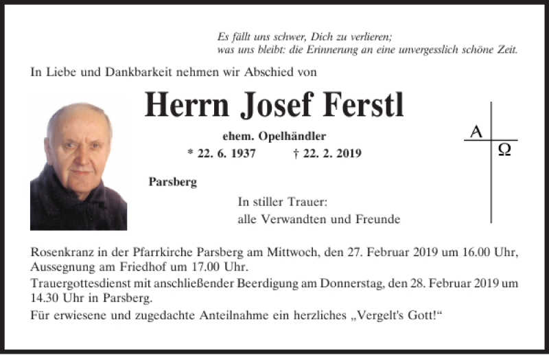  Traueranzeige für Josef Ferstl vom 26.02.2019 aus Neumarkter Tagblatt