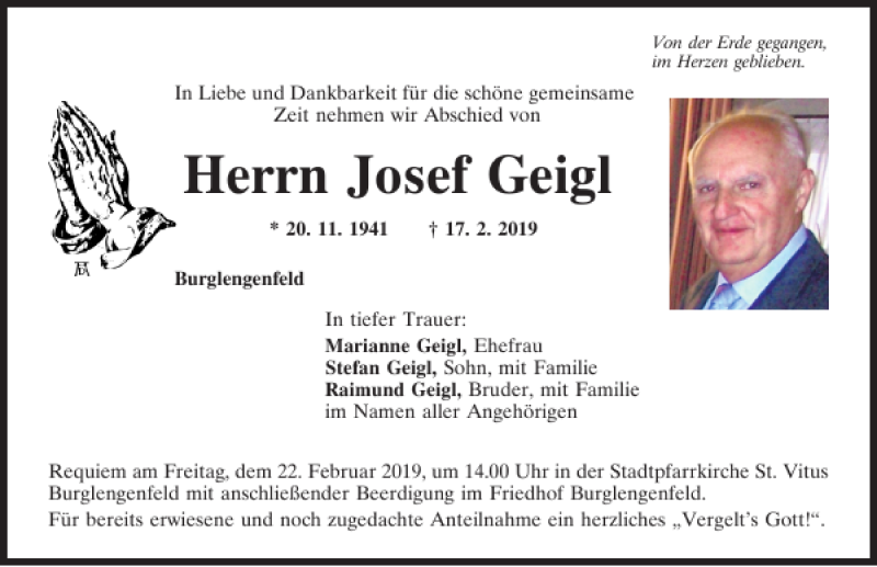  Traueranzeige für Josef Geigl vom 20.02.2019 aus Mittelbayerische Zeitung Schwandorf