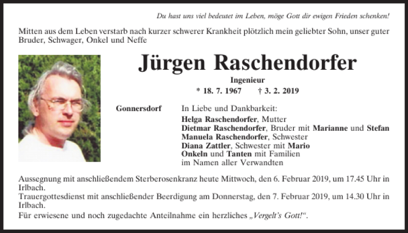  Traueranzeige für Jürgen Raschendorfer vom 06.02.2019 aus Mittelbayerische Zeitung Regensburg