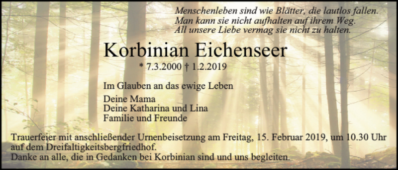  Traueranzeige für Korbinian Eichenseer vom 13.02.2019 aus Mittelbayerische Zeitung Regensburg