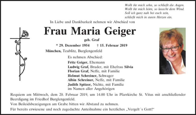 Traueranzeigen von Maria Geiger | Mittelbayerische Trauer