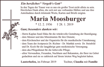 Traueranzeige von Maria Moosburger von Neumarkter Tagblatt