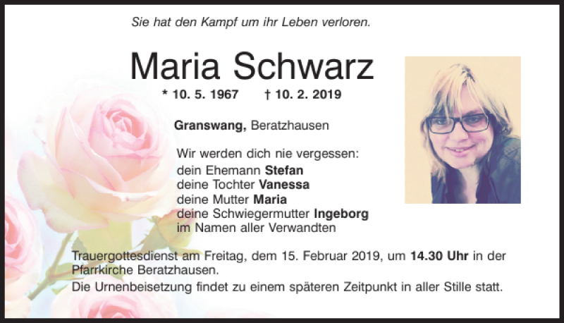  Traueranzeige für Maria Schwarz vom 13.02.2019 aus Neumarkter Tagblatt