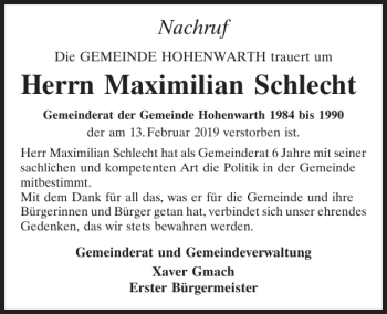 Traueranzeige von Maximilian Schlecht von Bayerwald Echo