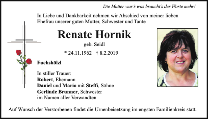  Traueranzeige für Renate Hornik vom 13.02.2019 aus Bayerwald Echo