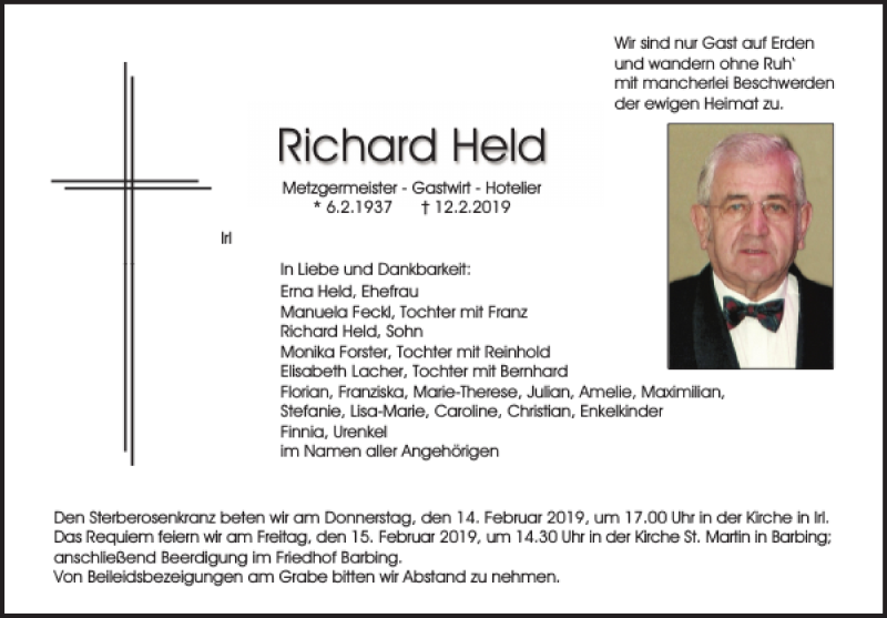  Traueranzeige für Richard Held vom 13.02.2019 aus Mittelbayerische Zeitung Regensburg