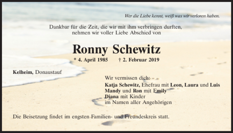  Traueranzeige für Ronny Schewitz vom 12.02.2019 aus Mittelbayerische Zeitung Kelheim