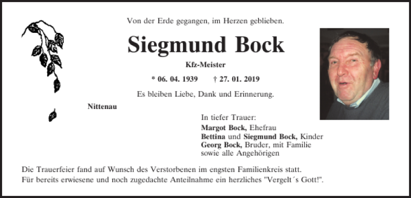  Traueranzeige für Siegmund Bock vom 07.02.2019 aus Mittelbayerische Zeitung Regensburg