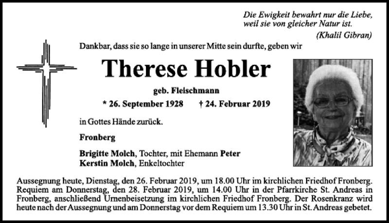  Traueranzeige für Therese Hobler vom 26.02.2019 aus Mittelbayerische Zeitung Schwandorf