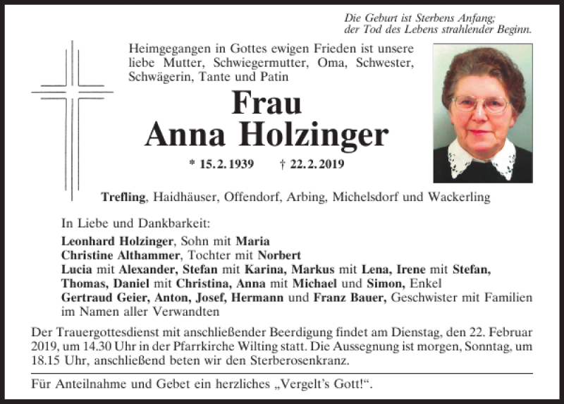 Traueranzeigen von Trefling Anna Holzinger | Mittelbayerische Trauer