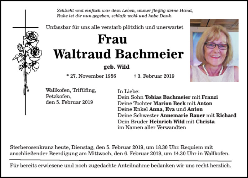  Traueranzeige für Waltraud Bachmeier vom 05.02.2019 aus Mittelbayerische Zeitung Regensburg