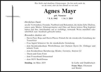 Traueranzeige von Agnes Mayr von Mittelbayerische Zeitung Regensburg