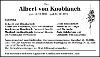 Traueranzeige von Albert von Knoblauch von Mittelbayerische Zeitung Regensburg