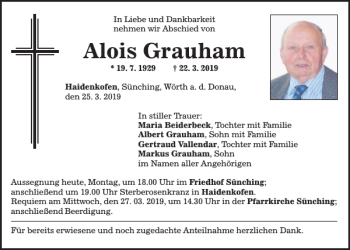 Traueranzeige von Alois Grauham von Mittelbayerische Zeitung Regensburg